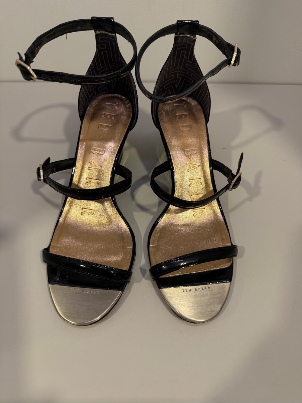 Ted Baker Black Patent Strappy Ankle-Heel Sandals with Gold Footbed